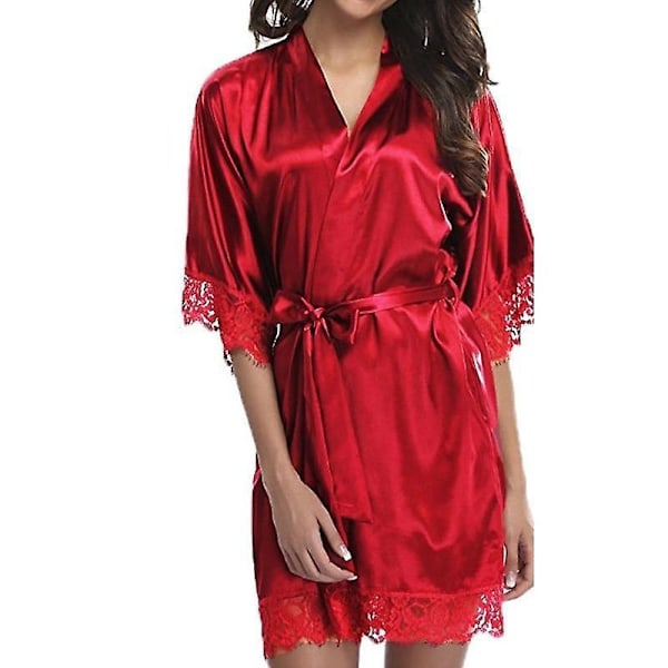 Satin Kimono Morgenkåbe med Blonderkant til Kvinder - Brudekjole/Brudepige Robe