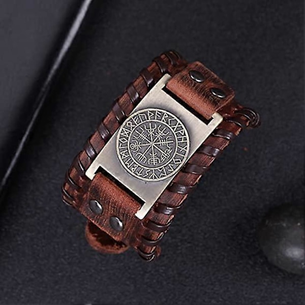 Nordiske Viking Runer Amulett Lærarmbånd (Antikk Rød Bronse) Islandsk vegetarianisme symboliserer lykke og velsignelse