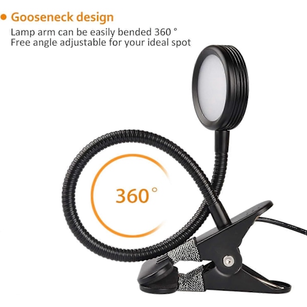 Clip-on Lampe/Læselampe/Lysfarve kan ændres/Natlampe Clip-on til Skrivebord, Sengegavl og Computere (Sort)