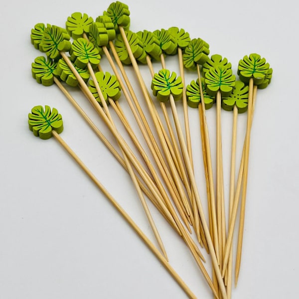 Bambus Cocktailpinner - 100 Grønne Blad Tannpirkere, 12cm, Perfekt for Party Snacks, Frukt & Smørbrød