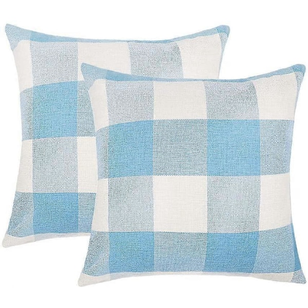 Set med 2 Farmhouse Buffalo Check Pläd Prydnadskuddar Kuddfodral Polyester Linne för Sommar Heminredning Himmelsblå och Vit, 45 x 45 cm