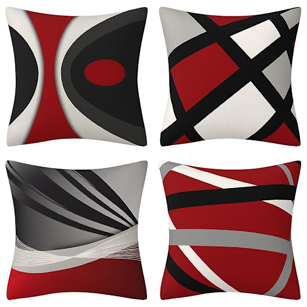 Kudde, Kuddfodral - Modern - Röd - Grå ränder - Oljig akryl - Grå - Dekorativ - Fyrkantig - 45 x 45 cm 4-pack