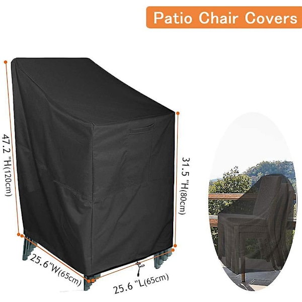 Puutarhatuolin suojus 210D Oxford-kangasta, vedenpitävä, pinottava nojatuolin suojus, tuolien suojus käsinojilla ulkokäyttöön, säänkestävä 120x65x65x80cm (musta)