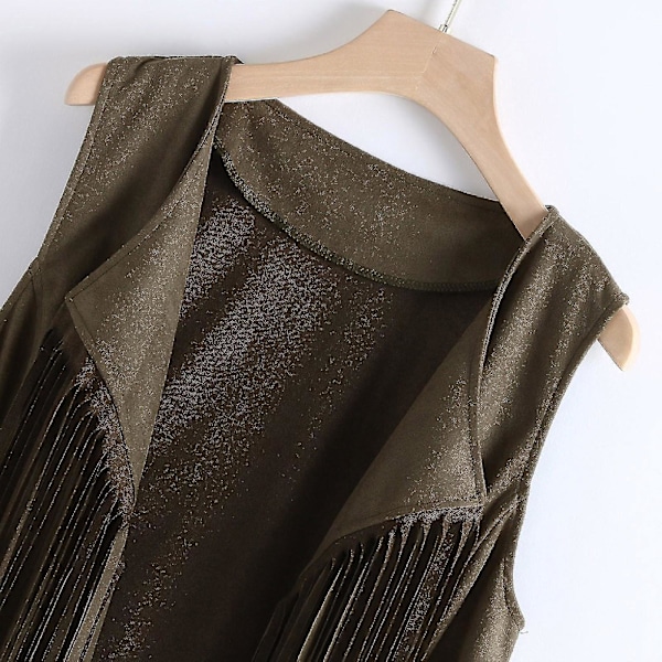 Suede Etno-Frynset Vest Cardigan til Kvinder, Ærmeløs, XL, Grøn