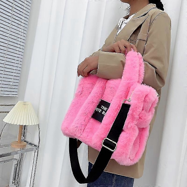 Luksuriøs Designer Faux Fur Tote Taske til Kvinder - Efterår Vinter Plys Skuldertaske Crossbody Tasker Sort