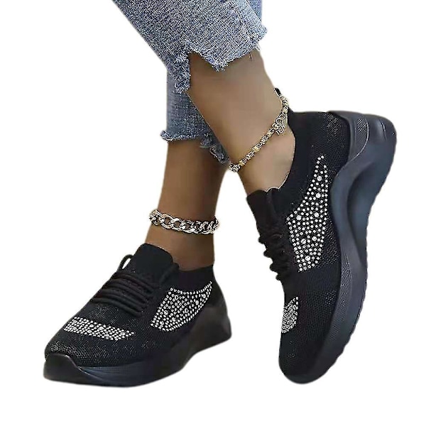 Rhinestone Mesh Lace-up Kvinners Atletiske Løpesko42 Svart