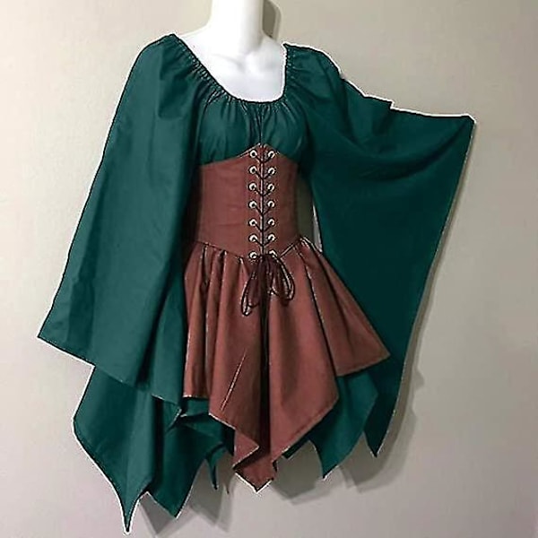 Middelalderlig Renæssance Pirat Korsetkjole med Flare Ærmer - Kvinders Traditionel Irisk Kort Kjole - 2XL - Hærgrøn/Brun