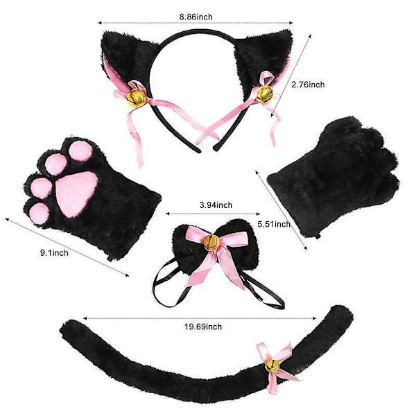 Black Cat Cosplay- set - Kissan korvat, kissan pyrstö, kaulapanta, tassut käsineet - söpö puku set lapsille, naisille, tytöille