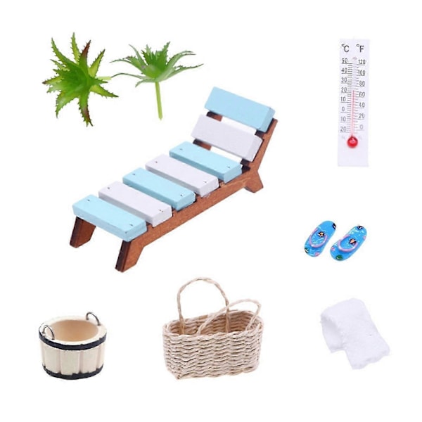 1 Set Dockhus Miniatyr Spa Kit Mini Trästol Handduk Tofflor Korg Hink Växter Termometer Modell Leksak Sommar Strand Scen Dekoration Pro