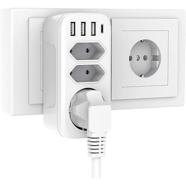 7-in-1 Pistorasia-adapteri USB-laturilla - 3 Pistorasiaa, 3 USB-porttia, 1 Type-C-portti (Valkoinen)