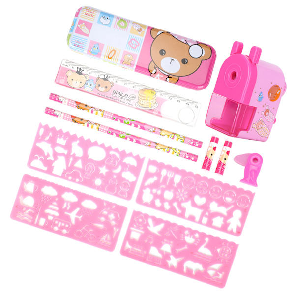 Barnens skolmaterial set studie målning tecknad pennfodral vässare sudd linjal rosa