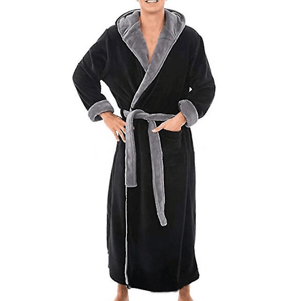 Huvad Män Fleece Badrock Nattkläder Dressing Gown 3XL Svart Grå