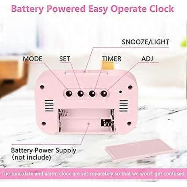 Rosa Digital Väckarklocka Sängbord, LED-display Klockor med Justerbar Snooze 12/24 timmar, Temperatur, Datum, Timer, Ljuskontroll Portabla Väckarklockor för Be
