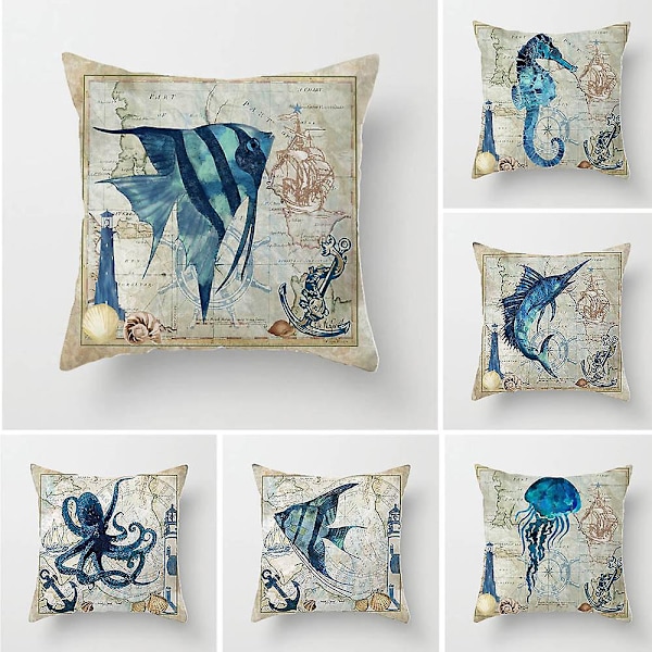 Sett med 6 putetrekk 45 x 45 cm Havdyr Mønster Putetrekk for Sofa Hjem Stue Soverom Dekorasjon
