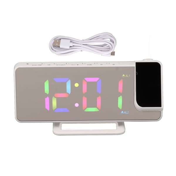 Digital Klokke RGB LED Stor Skjerm Speilprojeksjon Multifunksjonell Bord Elektronisk Alarm Hvit