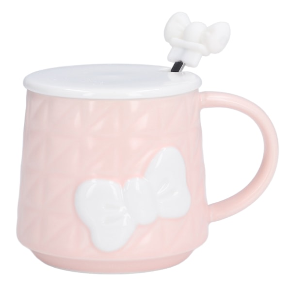 400ml Cute Bowknot Ceramic Tea Milk Water Cup Coffee Mug with Lid Stainless Steel Spoon for Home Holiday GiftsPink