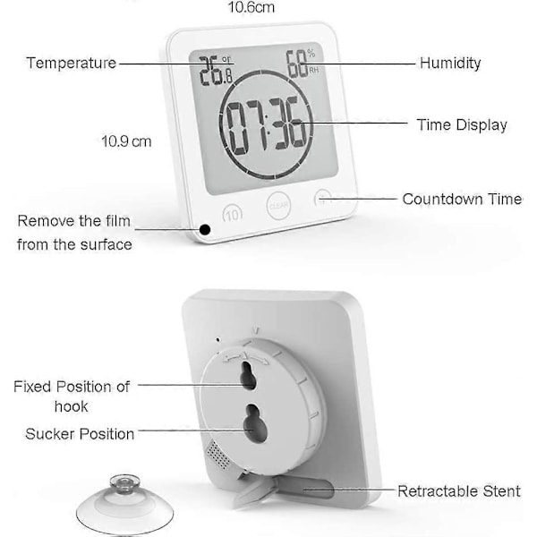 Vit Badrumsklocka, Vattentät Touchkontroll Duschklocka, LCD Digital Alarm, Hygrometer Termometer, Nedräkningstimer, Batteridriven, för Kök