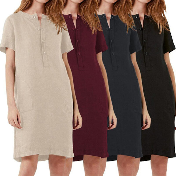 Bomullslinne Svart Tunika Klänning - Dam Kortärmad Knälång Kaftan (Storlek 2XL)