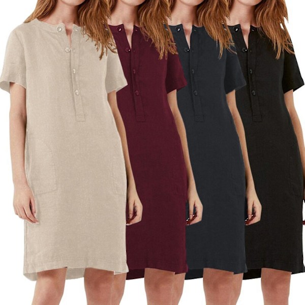 Puuvillapellava Musta Tunika Mekko - Naisten Lyhythihainen Polven Pituinen Kaftan (Koko 2XL)