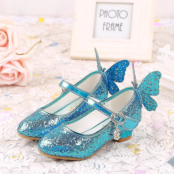 Glitter Butterfly Princess Høj Hæl Læder Pige Sko Blå