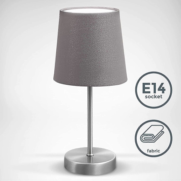 Moderne design bordlampe, grått stoff, matt nikkel metallbase, for E14 LED-pære, IP20