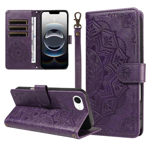 Compatible with iPhone 16e / iPhone 17e Wallet Case Embossed Mandala Pattern PU Leather + TPU Shell with Wrist Strap