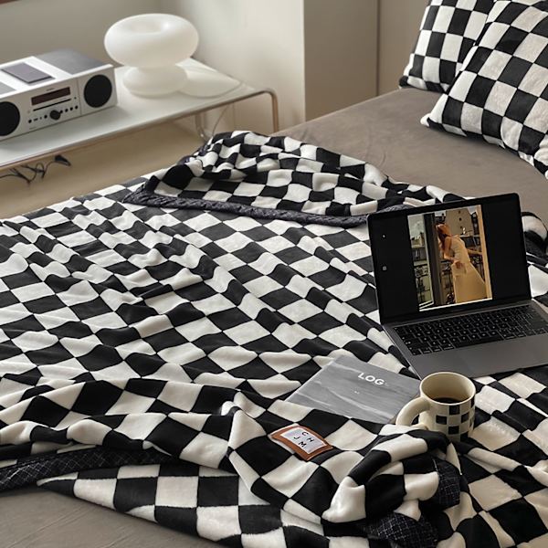 Enkel Vintage Ternet Tæppe Efterår Vinter Varm Lur Kaste Tæppe Flannel Fleece Sofa Fritidstæppe Moderne Sort 150x200cm