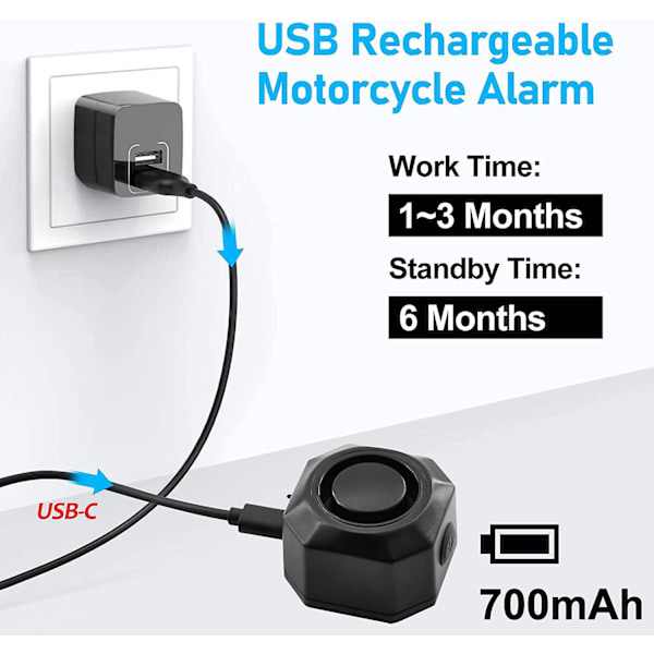 Trådløs cykelalarm - USB-genopladelig, tyverisikringsvibrationsalarm, 110 dB lydstyrke, justerbar sensor - Fjernbetjening inkluderet