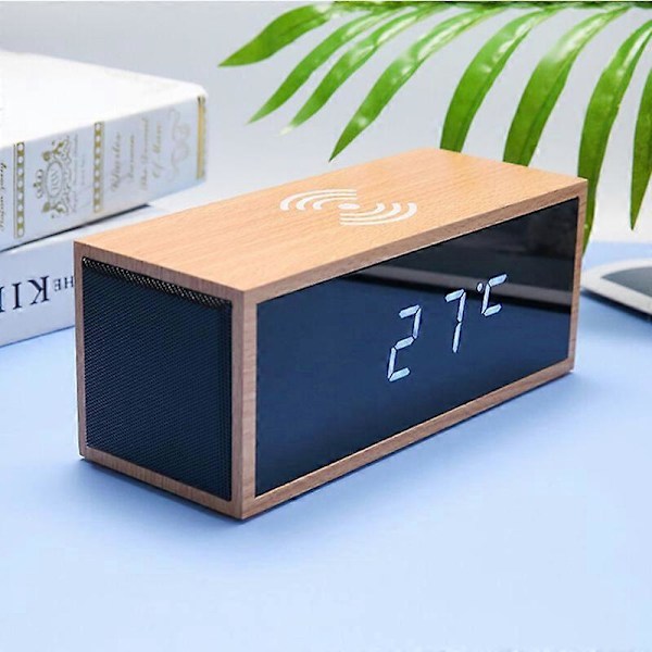Kreativ Smart Multifunktionell Trådlös Laddning Väckarklocka Trä Bluetooth Högtalare LED (Vit)