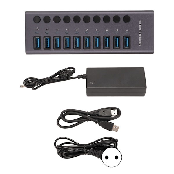 10 Port USB3.0 Hub Splitter Uafhængig Strømforsyning Opladning Dataoverførsel Drevet Usb Hub 100‑240V EU Stik