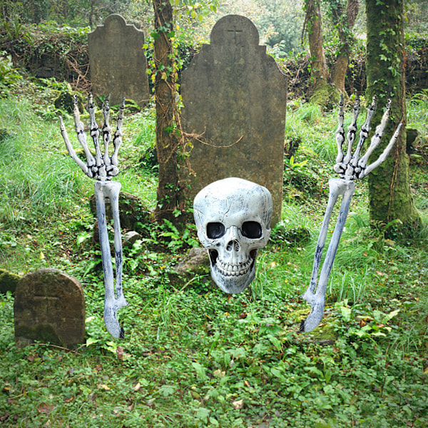 Halloween Skelet rekvisitter Skelet Hoved Knogle og Arme Plæne Stave Halloween Kirkegård Kiste Uhyggelig Fest Tilbehør Dekoration