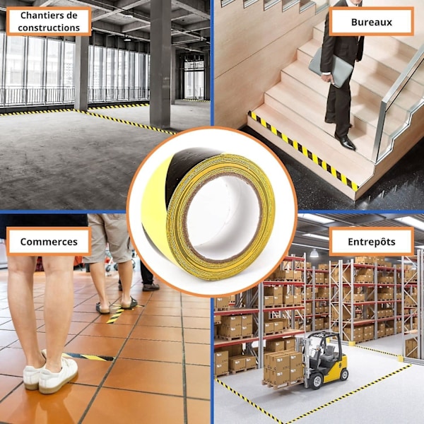 Varningstejp - 48mm x 100m per rulle - för golv-/säkerhetsmarkering - Svarta/gula ränder - Signalsäkerhetstejp