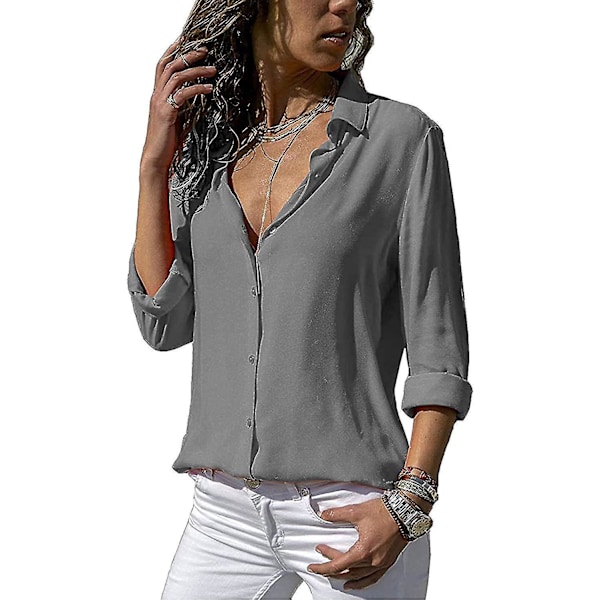Monokrom V-hals Chiffon Bluse - Dame Langærmet Top - Grå