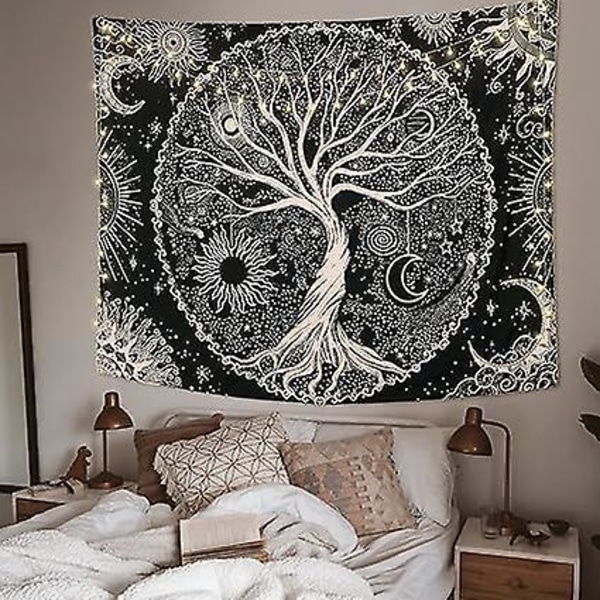 Livets Træ Tapet Måne og Sol Sort Psykedelisk Vægophæng Stjerne Mandala Hippie Vægdekoration til Soveværelse Kollegie Fest (150x200cm)
