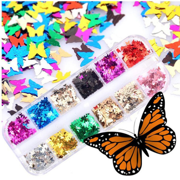 12 farver Butterfly Glitter Nail Pailletter Nail Art Flakes Farverige Konfetti Glitter Sticker Decals