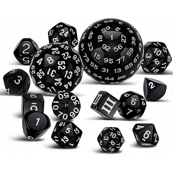 15-delt komplet polyhedralt DnD terningesæt - D3-D100 sfærisk RPG terningesæt