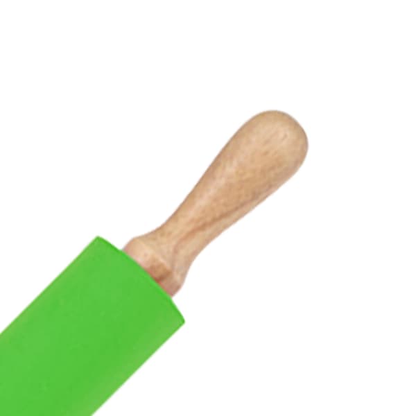 Forlenget kjevle i silikon med solid trehåndtak, non-stick overflate, bakeverktøy, grønn