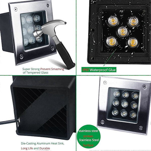Utomhus Fyrkantig LED Infälld Golvlampa Rostfritt Stål IP67 Vattentätt Material Stark Lastkapacitet LED Markspotlight för Trädgård Trappa Byggnad L