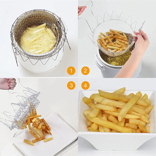 Udvidelig rustfri stål kokkekurv til stegning og si af salat