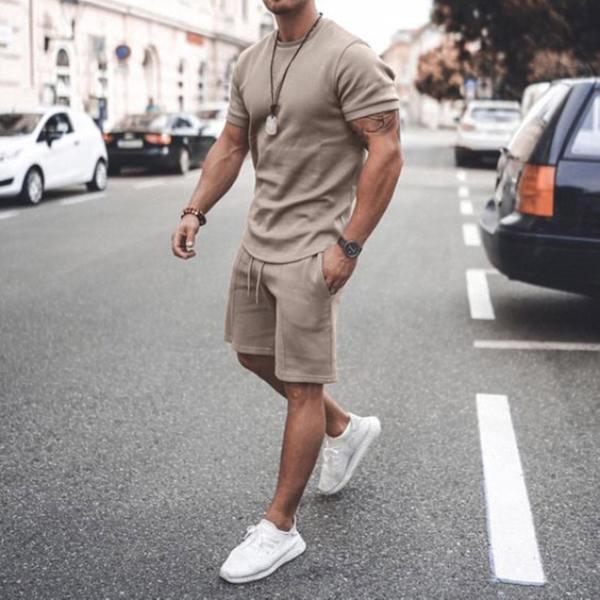 Herrsommar Sport Fritid Set, Kortärmad Topp och Shorts, XXL, Khaki