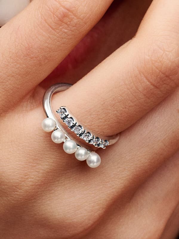 Pandora – Treated Freshwater Cultured Pearl & Pavé Open Ring – Sterling Silver Circumference: 56mm