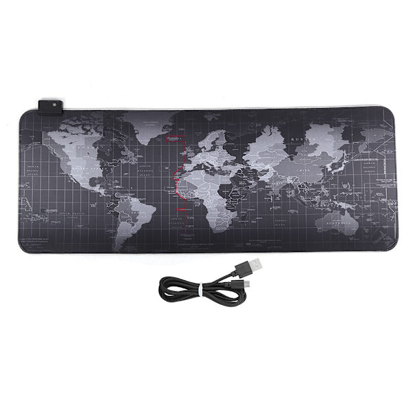 Luminous World Map Gaming-musemåtte - stor størrelse, vandtæt, skridsikker gummibase (800x300)