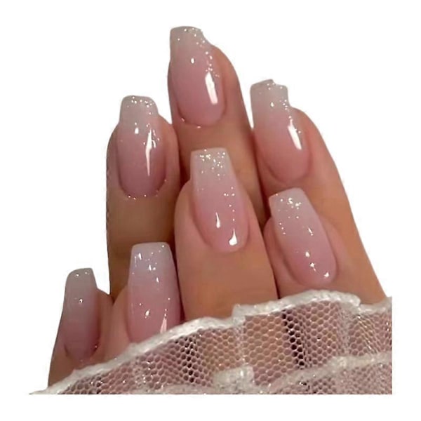 24 st/set Rosa Gradient Silver Balett Lösnaglar med Diamanter Medium Storlek för Flickor Fransk Stil Mode Party Falska Naglar NAILS-W427