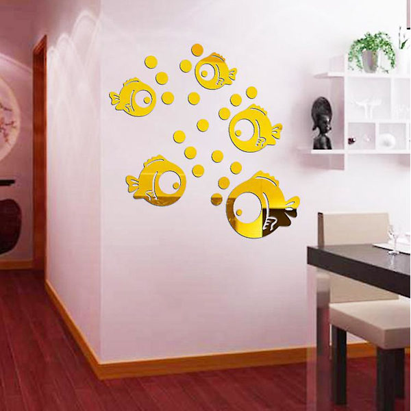 3D fisk och bubblor akrylspegel väggdekal för sovrum, vardagsrum, badrumsdekoration (guld, 1 st)