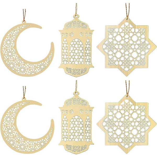Stykker Træ Hul Vedhæng Ornament, Træ Eid Mubarak Dekorationer, Bruges til Eid Mubarak Dekoration, Boligdekoration (Måne, Otte-takket Stjerne, Vin