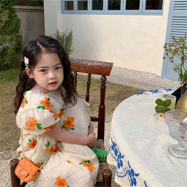 Flickklänning Kort Lykta Ärm Rund Hals Blommig Tryckt Jacquard Sommarklänning för Barn 3 till 8 År Gammal Blomma L 43.31‑45.28in