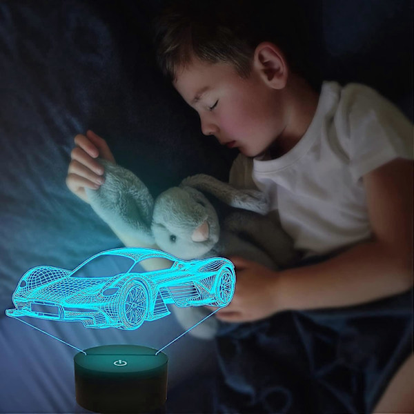 3D Bil Nattlys for Barn, Sports Racing Illusjon 16 Fargeskiftende Optisk Nattbordslampe med Fjernkontroll Barneromsdekorasjon