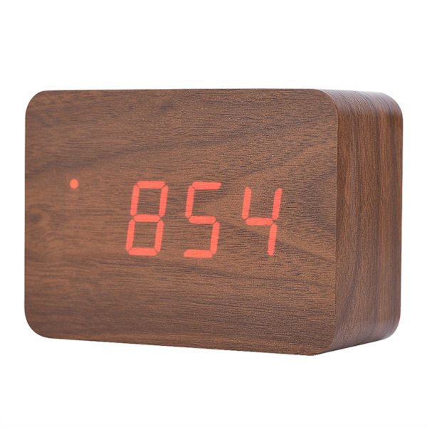 Træ Elektronisk Digital Vækkeur Temperatur LED Display Lyd Kontrol Brun