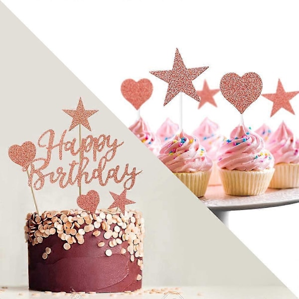 Gratulerer med dagen kake topper, 22 pakke rosegull bursdag kake toppers, jente bursdag kake topper, hjerte, stjerner Gratulerer med dagen kake topper - Passer for