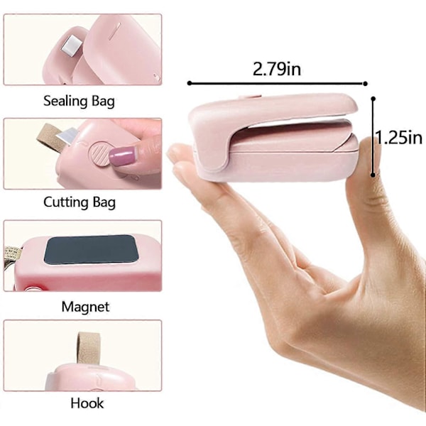 Mini Poseforsegler, 2 I 1 Bærbar Varmeforseglings- og Kutter, Chipspose Matforsegler Vakuummaskin for Snacks Plast Friske Poser - Rosa - Batteri Ikke Inkludert